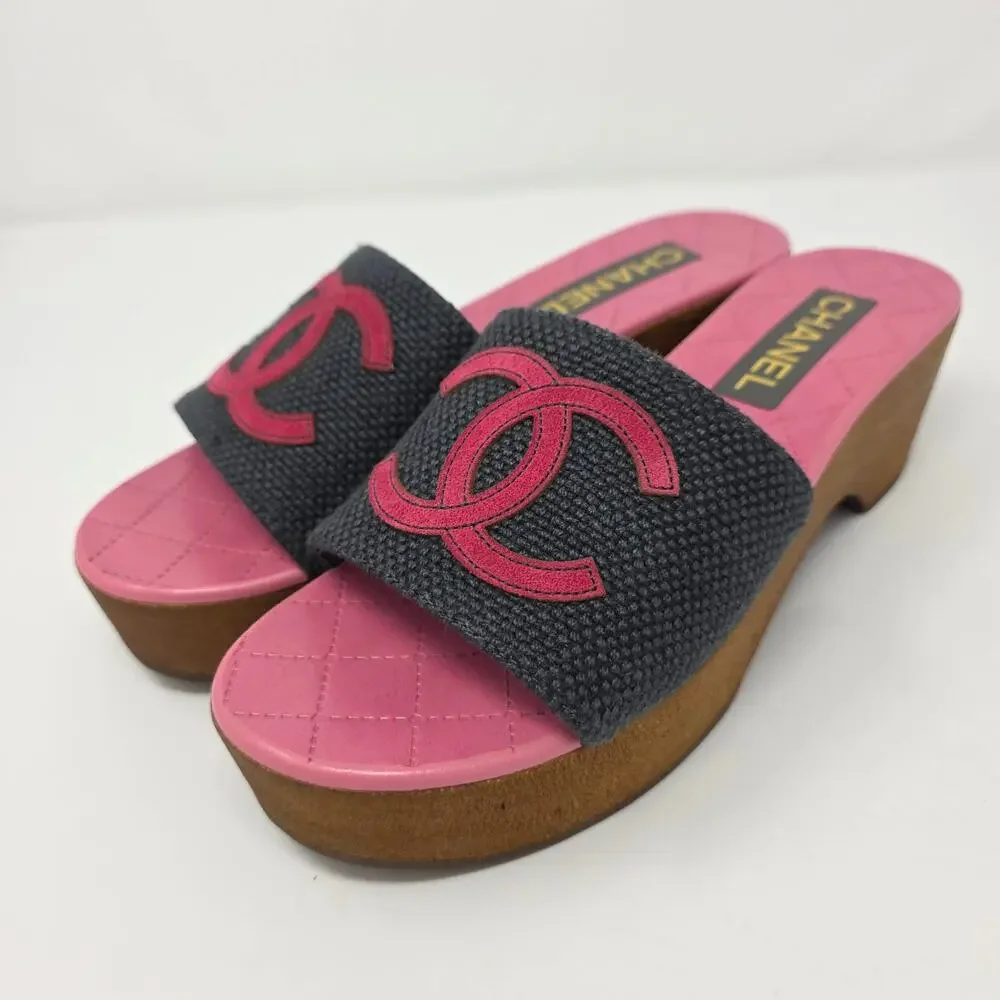 Chanel CC Logo Platform Slides Day Sandals Pink Navy Blue Slip On IT 39 US 8.5